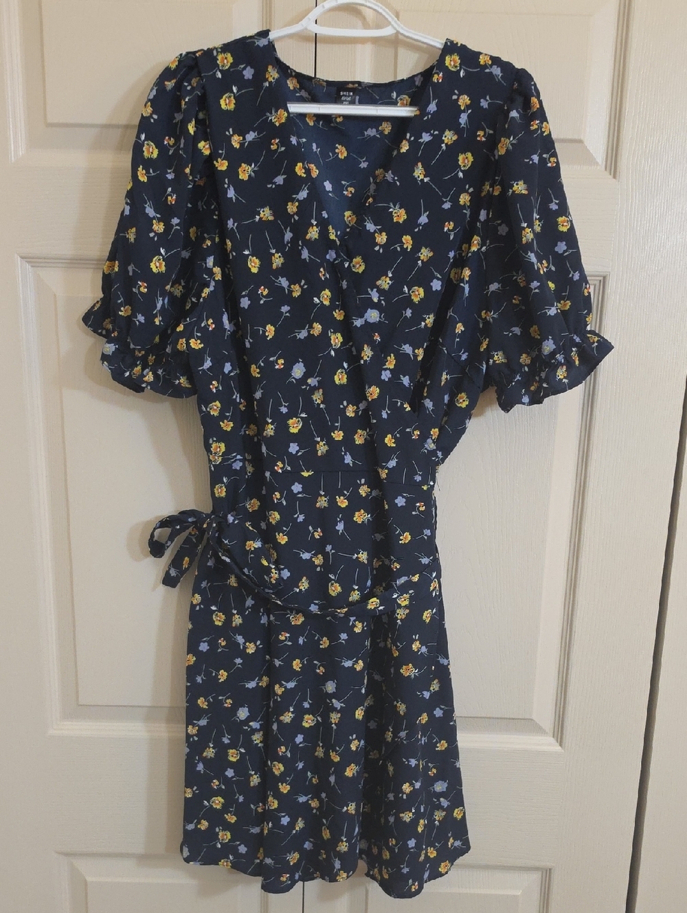 SHEIN Navy Mini Wrap Dress with Yellow and Light Blue Floral Print